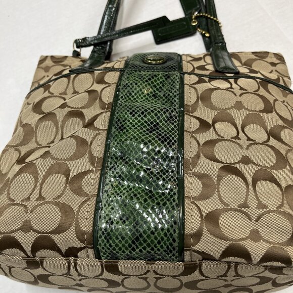 Coach Purse Signature Jacquard North South Green Python Deep Khaki Shoulder Bag - Picture 11 of 16